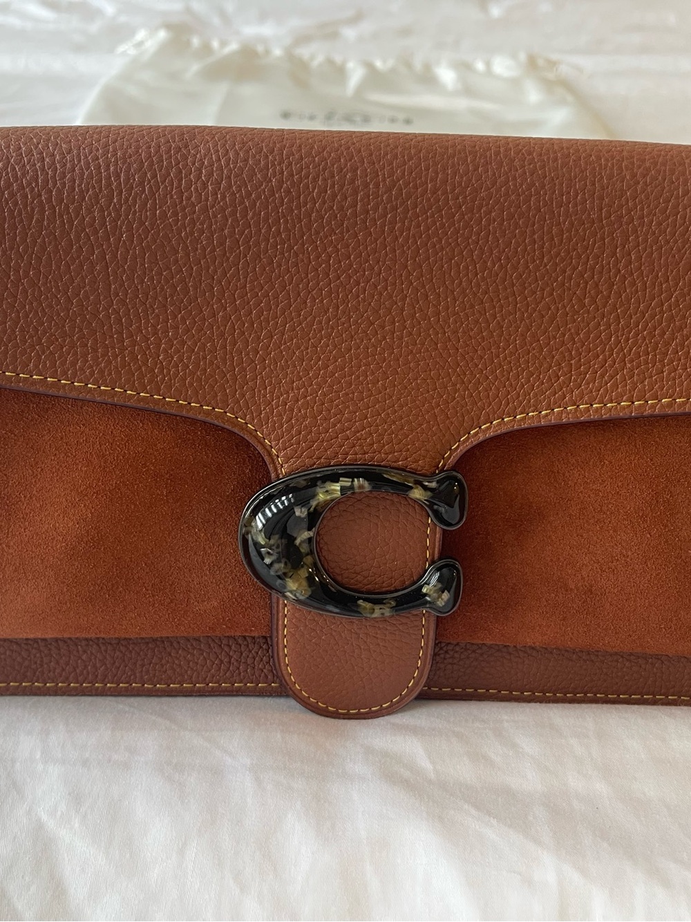 Coach Brown Leather & Suede Clutch with Tortoiseshell 'C' Accent